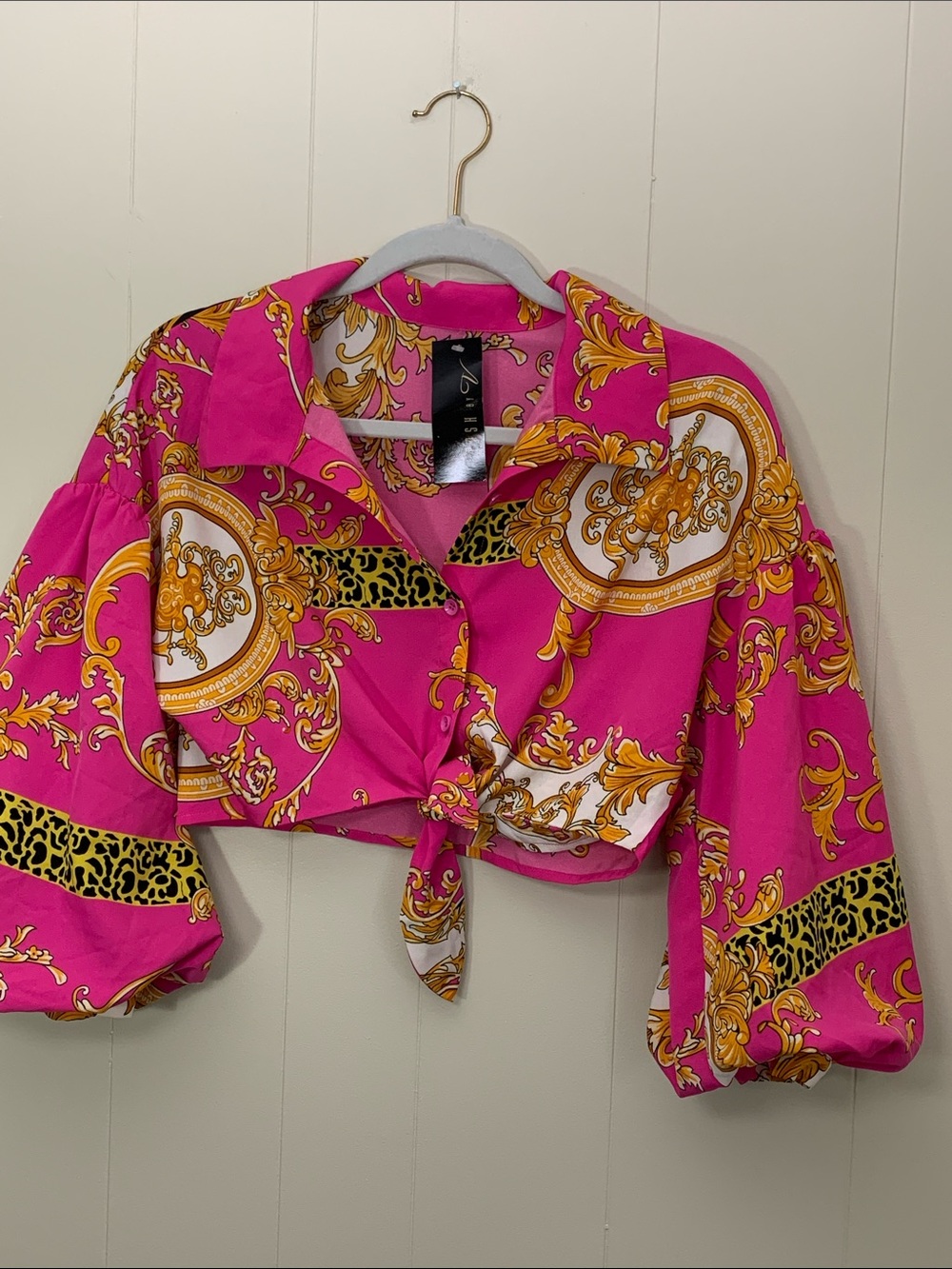 Posh by V Pink and Gold Baroque Print Blouse
